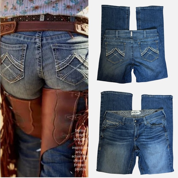 Ariat REAL Jeans Women's 33R Blue Mid Rise Boot Cut Rainstorm Whipstitch Western - Picture 1 of 10